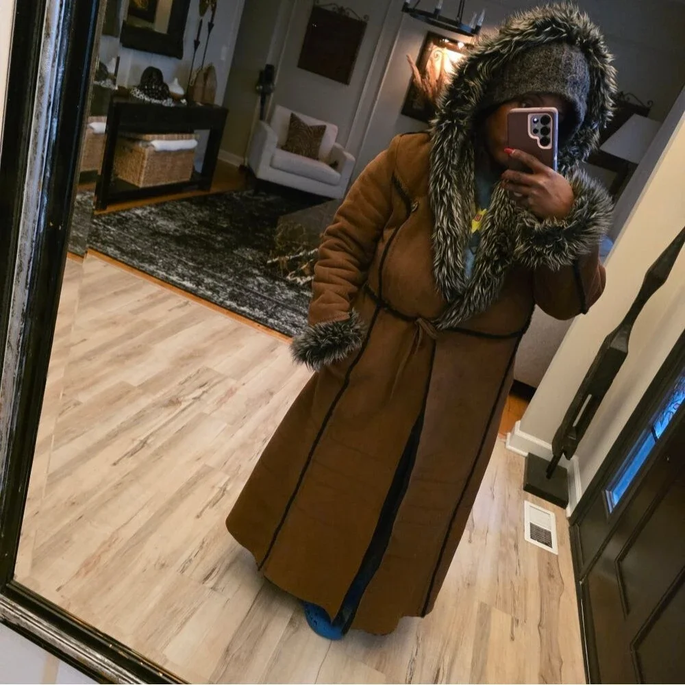 Vtg Brown Faux Suede Fur Hooded Full Length Long Afghan Penny Lane Coat Sz M - Picture 16 of 16